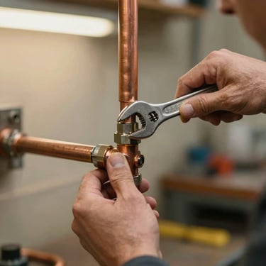 Detail of a plumber's hands using a wrench on a copper pipe connection, focused and professional, warm workshop lighting, Northeastern France / Grand Est.