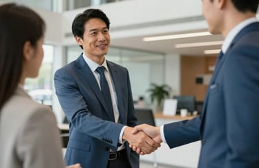 A professional consultant in a sharp slate blue suit shaking hands with a client in a modern dealership office.