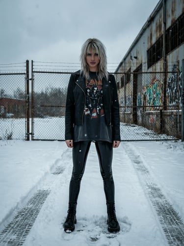 Lucy in snowy Detroit industrial lot with graffiti wall