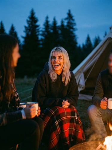 Lucy laughing by campfire with friends, candid social