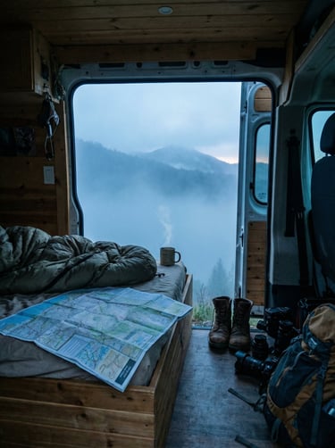 Dawn view from van door with coffee and mountain landscape