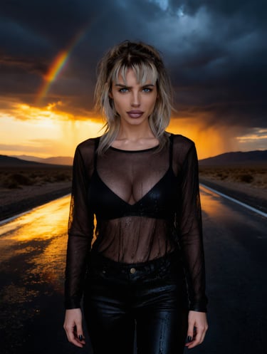 Lucy on rain-soaked highway after desert thunderstorm