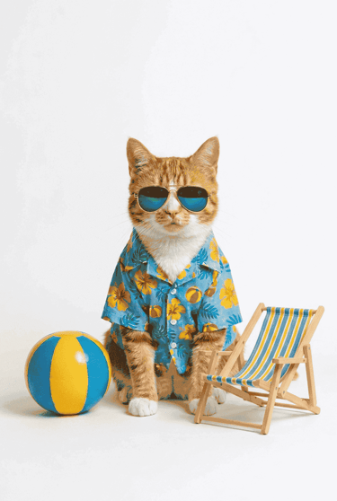 Un gato atigrado con camisa floral y gafas de sol, junto a una pelota y silla de playa