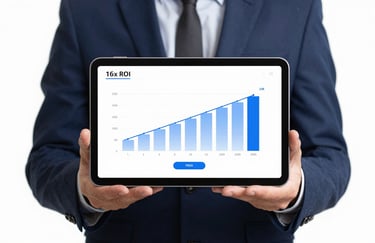 A crisp data visualization showing a 16x ROI calculation on a tablet held by a professional in a navy suit.
