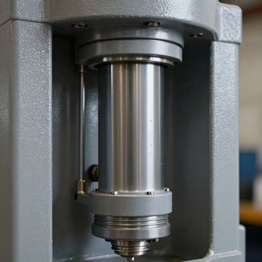 Close-up detailed shot of a clean, well-maintained hydraulic piston on heavy machinery, highlighting industrial precision and slate gray tones.