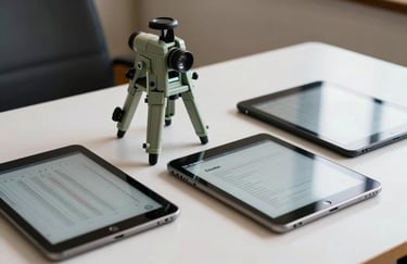 A professional photo of a vintage surveyor's transit alongside modern digital tablets on a desk, representing decades of experience meeting modern technology. South American context.