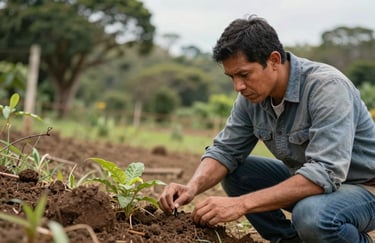 A professional environmental perit inspecting soil and vegetation in a South American rural property, looking focused and expert, with soft natural lighting.