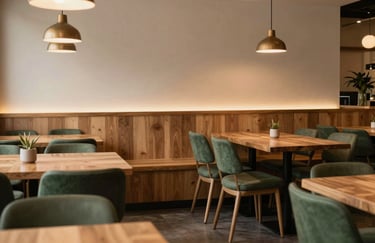 A cozy, minimalist North American restaurant interior. Warm wood tones, matte forest green chairs, and soft, sophisticated high-contrast lighting.