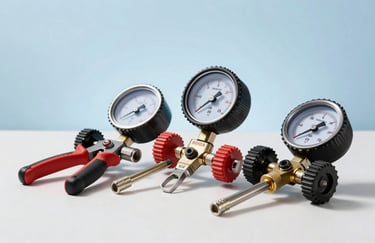 High-quality professional HVAC maintenance tools and pressure gauges arranged neatly on a clean work surface, soft sky blue lighting.