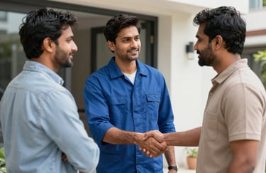 A professional technician in a steel blue uniform shaking hands with a South Asian / Indian homeowner at a modern apartment entrance.