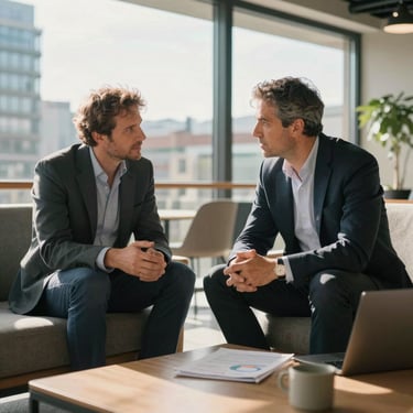 Two professional executives in business casual attire discussing financial strategy in a sun-drenched, modern office lounge in Bilbao. Iberian Peninsula / Spanish.