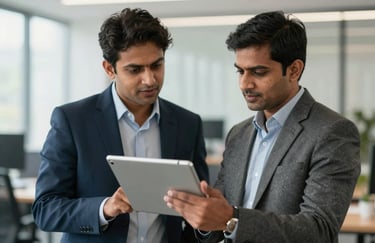 Two South Asian colleagues in professional business attire discussing a digital marketing plan around a large tablet, blurred office background, soft natural lighting.