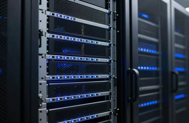 Detail of a high-tech computer server room with soft blue indicator lights, representing security and scalability, professional and reliable atmosphere in a US data center.