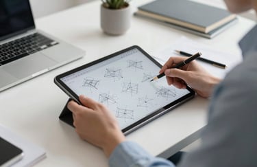 A North American designer working in a bright studio, focused on a tablet showing wireframe sketches, modern professional attire, clean aesthetic, light grey and blue accents.
