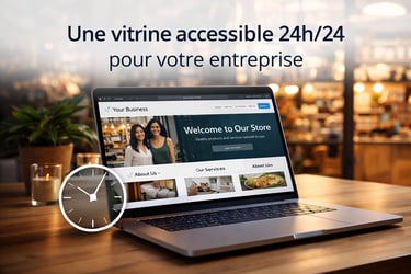 A laptop displays a professional business website on a desk, illustrating 24/7 online visibility.