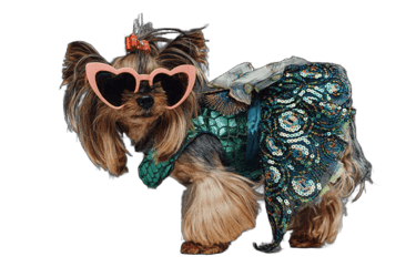 Perrita con traje de sirena y lentes de corazón en color rosa