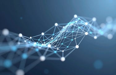 An abstract 3D visualization of data flowing through nodes, professional and high-tech style, featuring #0E1B25 and #6C8CA7 tones.