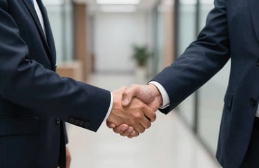 A professional handshake between two people in an office corridor. The scene is shot from the side, emphasizing the firm grip and professional attire in dark navy and slate blue.