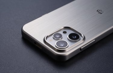 A close-up of a premium brushed aluminum Android phone casing with precise engineering details, resting on a dark navy surface in a professional studio setting.