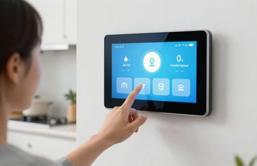 A North American user interacting with a bright, intuitive smart screen on a wall in a clean, airy kitchen environment.