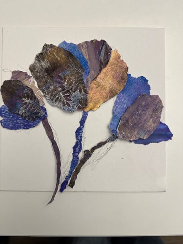 collage artwork featuring layered hand-painted papers forming botanical shapes