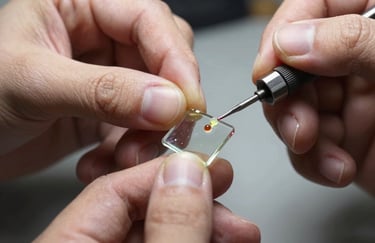 Extreme close-up of a skilled technician's hands applying a high-quality resin to a glass chip. The lighting is precise, highlighting the clarity of the repair process. Professional setting in the US.