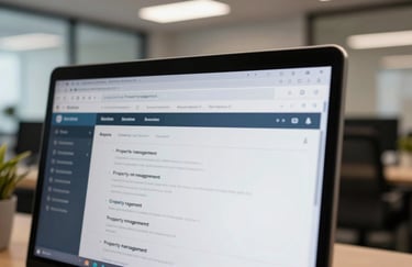 A close-up of a professional computer screen showing an organized property management software interface, with a blurred modern Brazilian office in the background, sharp focus, professional lighting.