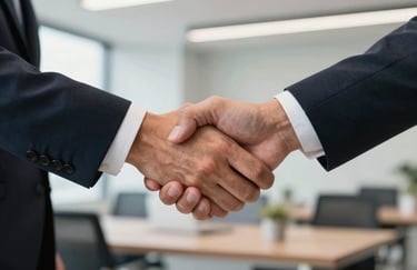 A close-up photograph of a firm handshake between two professionals in business attire, set against a clean, modern Brazilian office background, symbolizing a trusted property management partnership.