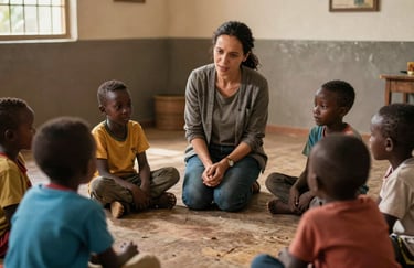 A supportive counselor in a warm East African / Ethiopian community center engaging in a trauma-informed play session with a group of children.