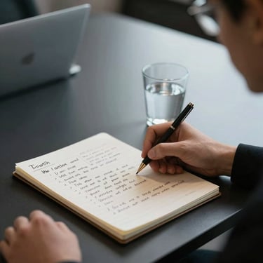 A close-up shot of a content planning session in a North American / US agency. A sleek matte black table features a notepad with handwritten digital strategy notes and a modern glass of water.