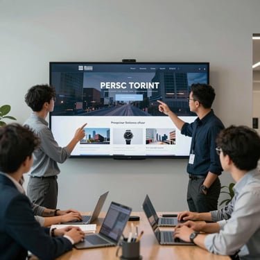 A small, professional team in a North American / US agency reviewing a sleek website prototype on a large wall-mounted screen during a strategy meeting.