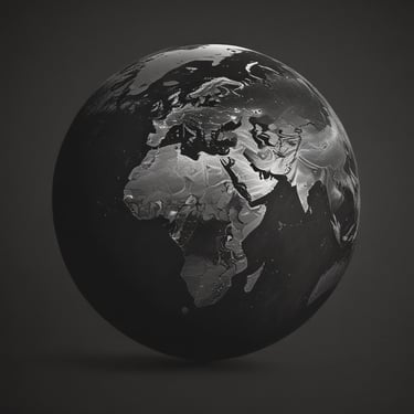 A 3D metallic globe of Earth showing Africa and Europe with a textured chrome finish on a dark background.