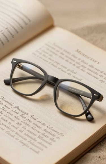 A pair of charcoal-colored spectacles resting on top of a hand-written mystery manuscript with soft sand-colored paper.