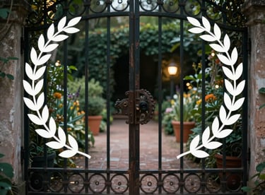 A cinematic photograph of a wrought-iron gate leading to a mysterious garden, with warm terracotta lights in the distance.