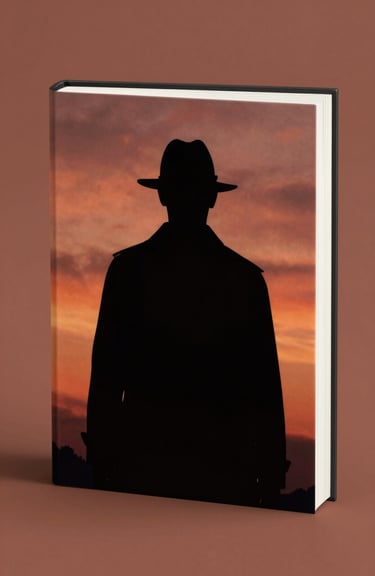A mystery book cover featuring a charcoal silhouette of a detective against a terracotta sunset sky, styled as a modern paperback.