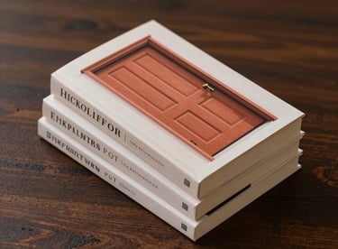 A stack of new mystery novels on a dark wood table, with one cover showing a terracotta-colored door slightly ajar.