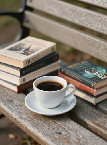 A coffee cup with charcoal-colored coffee sitting next to a pile of mystery books on a soft sand-colored park bench.