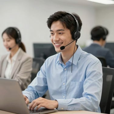 A friendly customer support representative wearing a headset, smiling and ready to assist with inquiries.