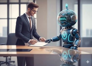 Professional businessman signing a legal contract held by an advanced AI robot for digital validation.