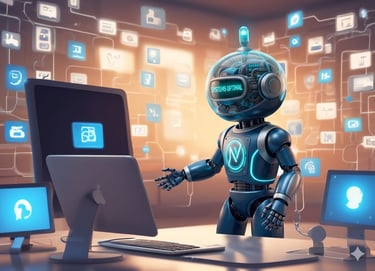 A futuristic AI robot monitoring system optimal performance across multiple digital computer screens.
