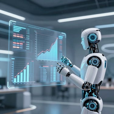 A futuristic white robot analyzing data charts and growth graphs on a holographic digital display.