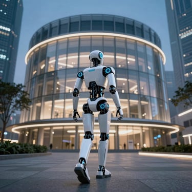 A futuristic white humanoid robot walks toward a modern glass office building in a city at dusk.