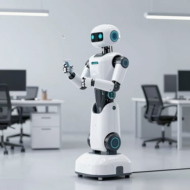 A white humanoid service robot holding a digital tablet in a modern office workspace with desks.