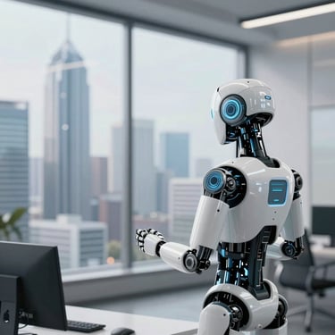 A white humanoid robot standing in a modern office looking out a window at a city skyline.