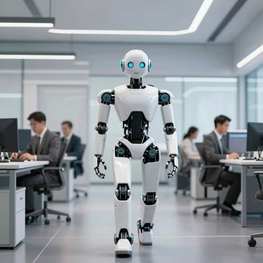 A white humanoid AI robot walking through a modern office with professional business employees at desks.