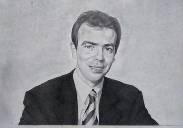 Retrato realista a grafito de Alejandro Ramírez con traje y corbata a rayas, escala de grises