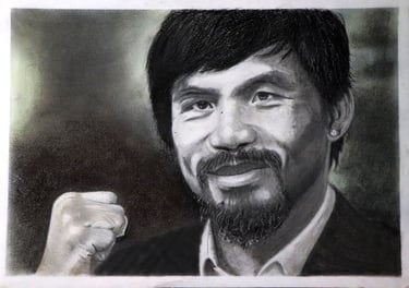 Retrato de Manny Pacquiao a mano, elaborado con carboncillo, gises y pastel en papel fabriano