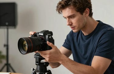A male influencer in a professional studio setting adjusting a high-end camera, wearing a navy t-shirt, focused on content creation, sharp aesthetic.