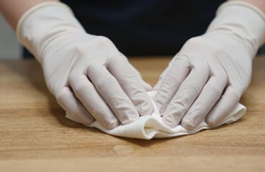 Close-up of hands in white gloves carefully wiping a wooden surface with a soft cloth. Focused, detail-oriented composition highlighting meticulous cleaning standards.