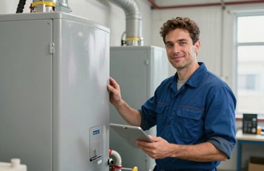 A professional HVAC technician in a clean uniform standing confidently in a North American / US utility room, inspecting a modern furnace. Bright, clean, professional lighting.